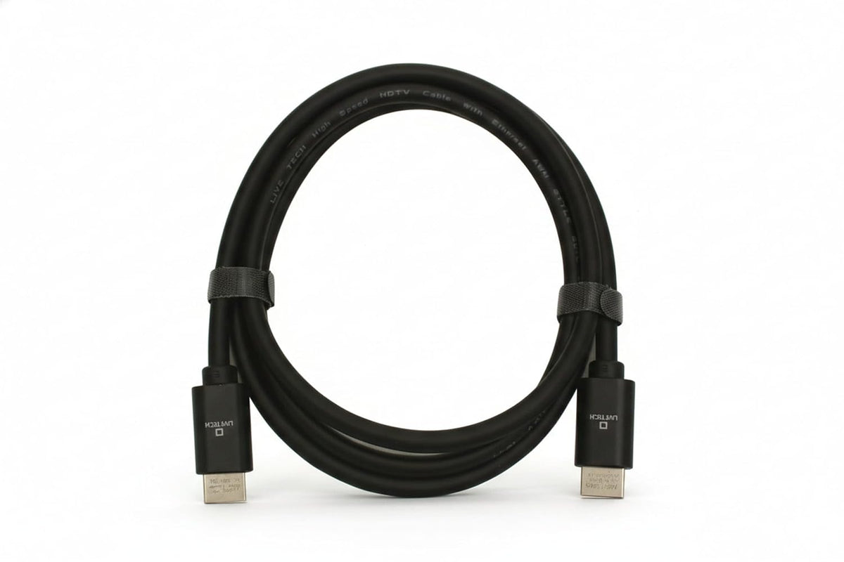 Male-to-male HDMI connection for compatible HDMI devices.